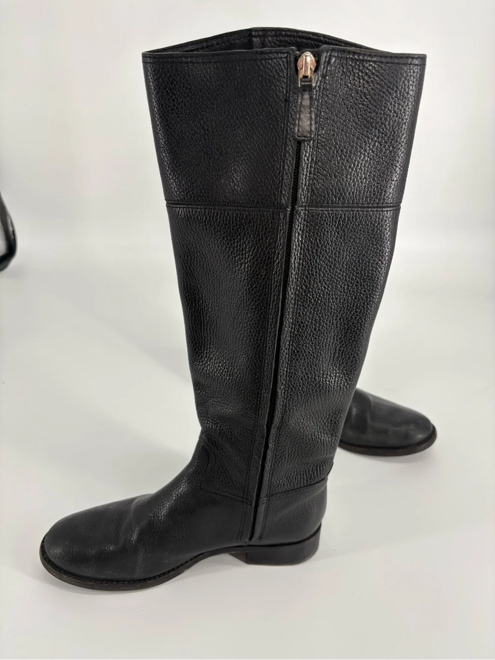 Tory Burch Black Pebbled Leather Knee Boots with Logo Emblem